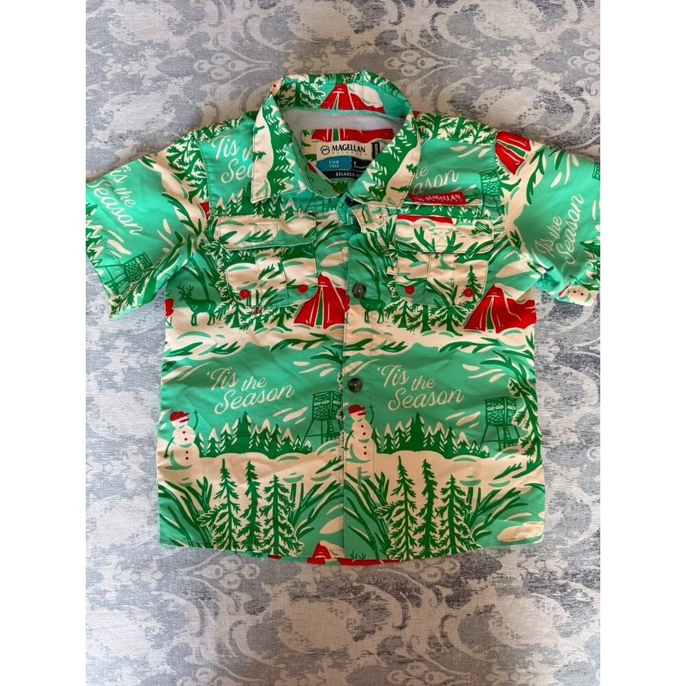 Magellan Outdoors Boys Shirt Size 4 Green Christmas Fishing Camping Button Up
